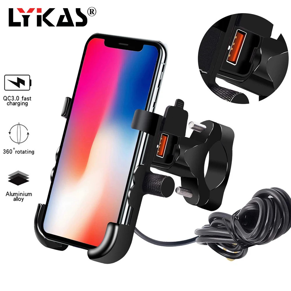 

LYKAS Waterproof Motorcycle Phone Mount with USB Charger Quick Charge 3.0 Handlebar Phone Holder Charger for Bike