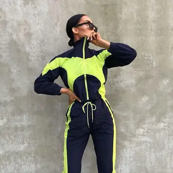 

Neon Green Patchwork Fitness Jumpsuits Full Sleeve Zipper Turtleneck Jumpsuit Lace Up Female Casual Sport Jumpsuits