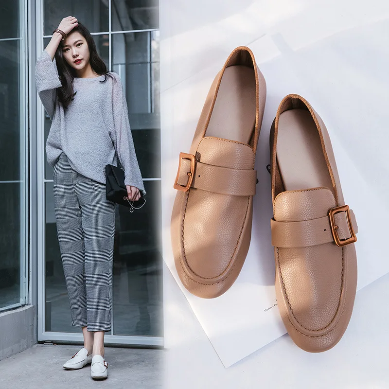 

2019 Spring New Style Korean-style Low Heel England College Style Shoes Simple Versatile Metal Buckle Retro Loafers