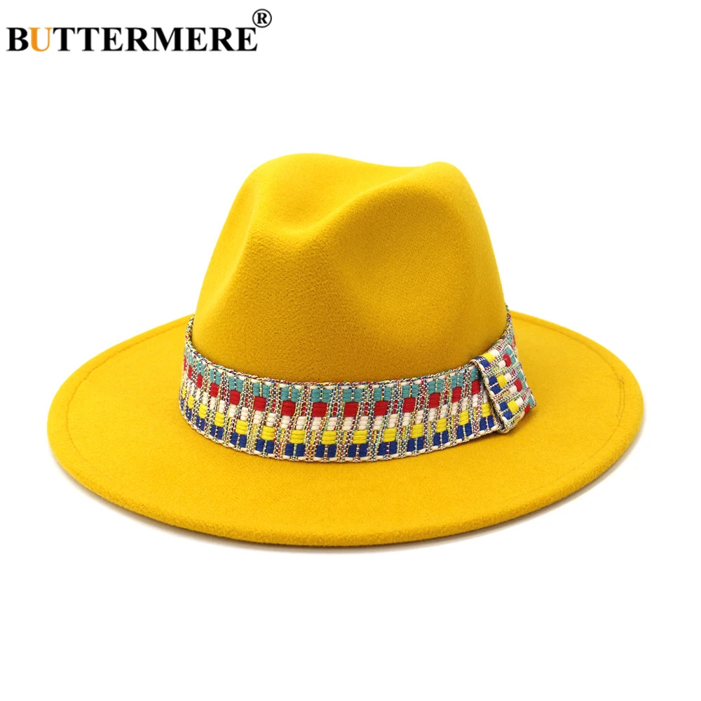 

BUTTERMERE Yellow Fedora Hat Winter Panama Hat Women Elegant Ladies Felt Caps Vintage Autumn WInter Trilby Hat Wide Brim Fedora