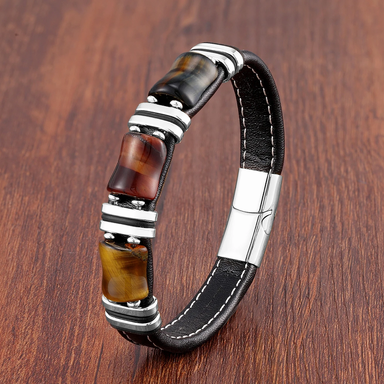 Natural Stone,Tiger Eye Bracelet,Black Leather Rope Chain,Men Bracelet,Stainless Steel Bracelet,Women Fashion Jewelry,Wholesale - Image 2