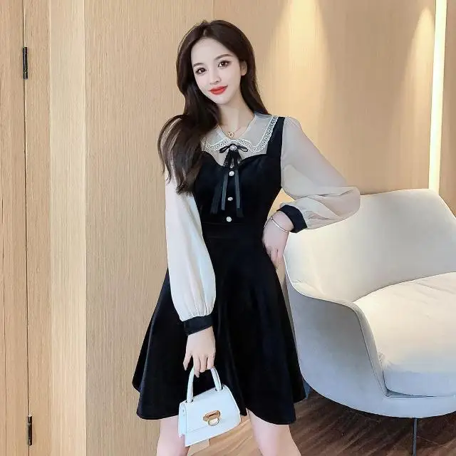 Neploe Vintage Velvet Black Dress Stand Neck Lantern Sleeve Party Robe High Waist Slim Vestidos Korean Elegant Dresses Women