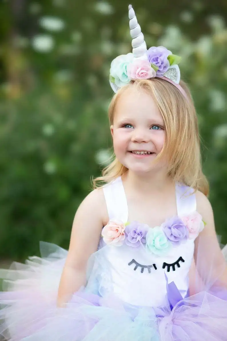 Girls Pastel Unicorn Flower Tutu Dress Kids Crochet Tulle Dress with Hairbow Children Birthday Party Costume Cosplay Dresses