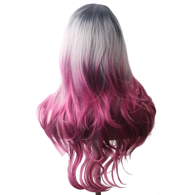 WoodFestival Wavy Synthetic Hair Wig Cosplay Ladies Colored Long Wigs For Women White Pink Red Dark Brown Green Blue Grey Ombre Same As Picture