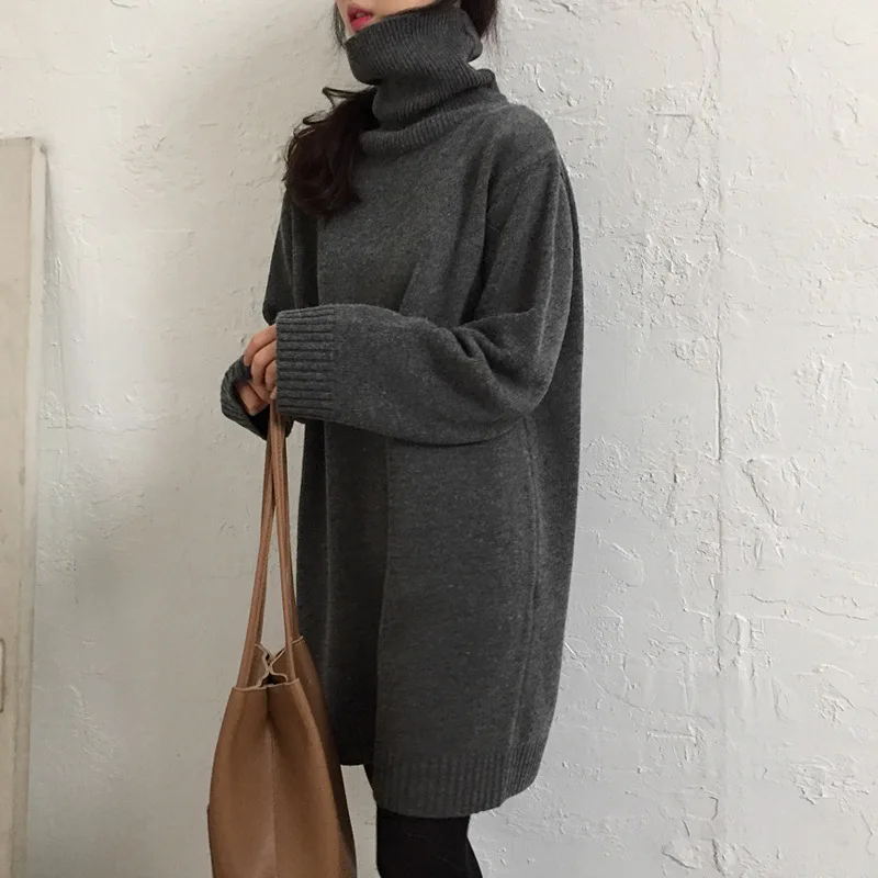 

South Korea CHIC Autumn And Winter Solid Color High Collar Warm Thick Versatile Yarn Dress Sweater Dress