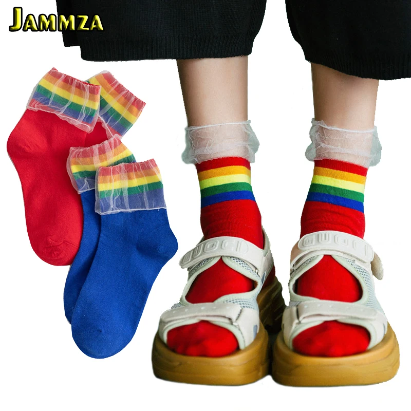 

Cotton Solid Rainbow Striped Women's Socks Short Fall Mesh Lace Flanging Design Fashion Korean Style Socks for Lady's Cute Gift