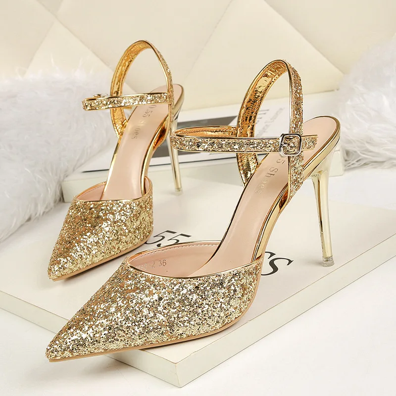 

Korean-style Woman Pumps Pointed Toe Women's Shoes Sparkly Sandles Are Ladies Sandals Metal Heel Wedding Shoes Pump7 Color Open