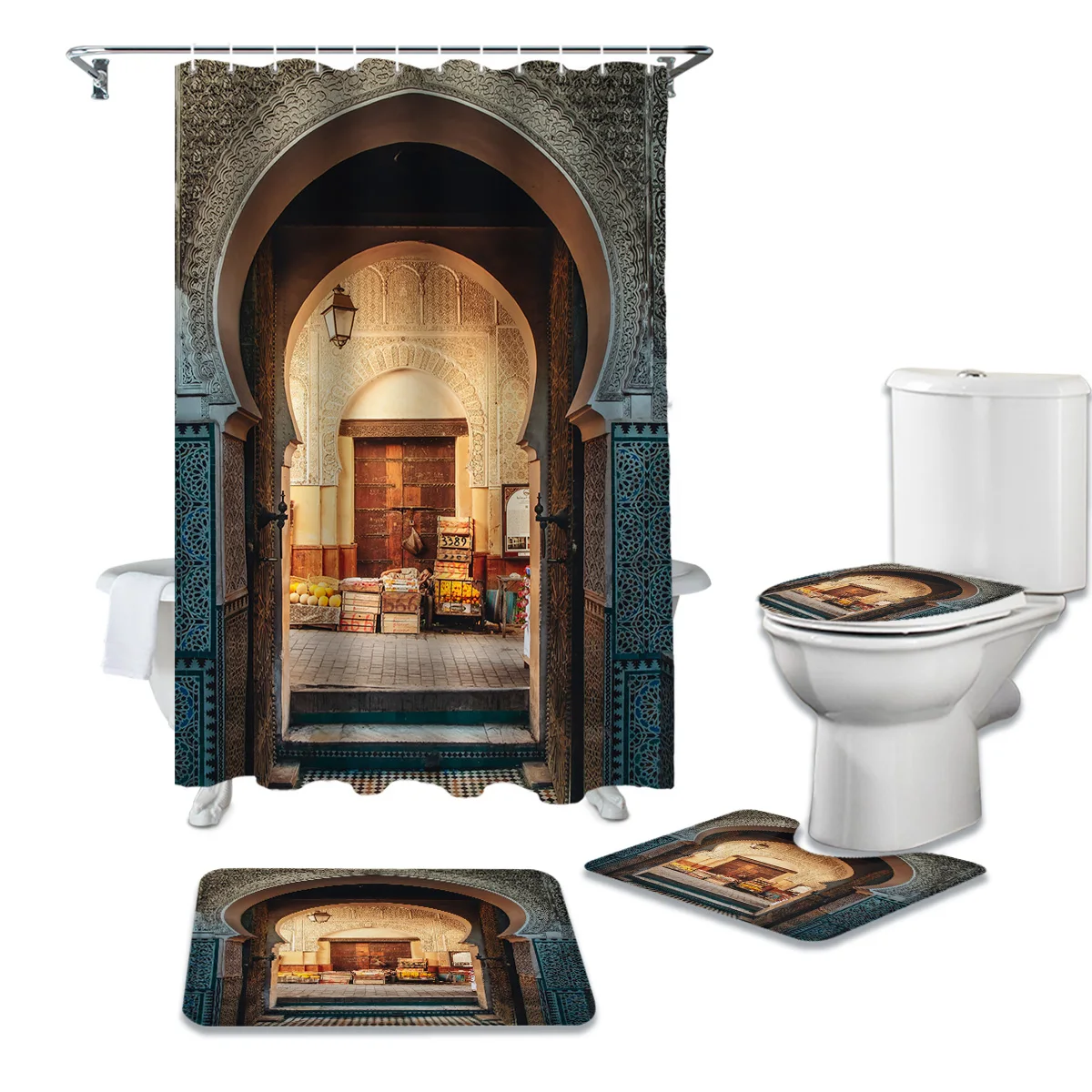 Арабо мусульманская религия наборы занавесок для душа Нескользящие коврики Крышка унитаза и коврик ванной