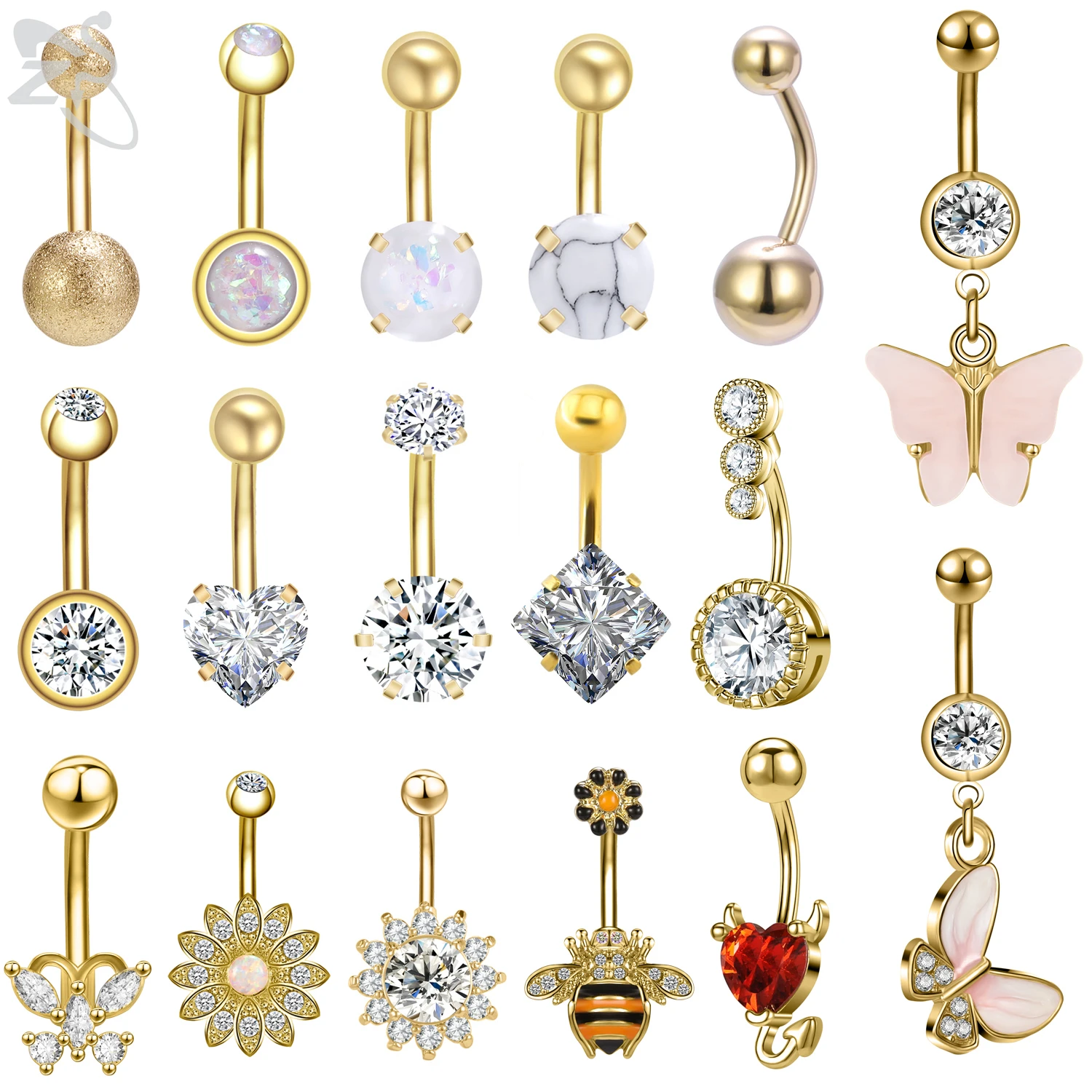 ZS 1 Piece Gold Color Stainless Steel Belly Ring Flower Heart CZ Crystal Navel Belly Button Rings Butterfly Navel Piercings 14G