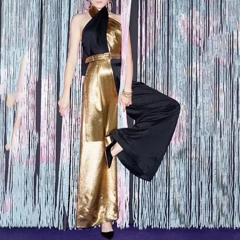 

OUSHANG temperament high waist lady fan temperament slim slim cross-neck sexy strapless waist wide-leg jumpsuit