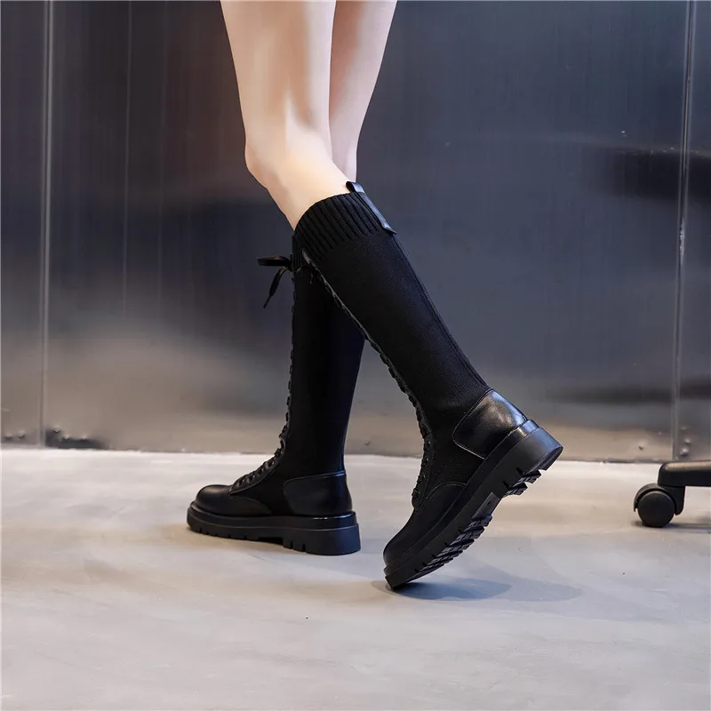 Long boots autumn new 2020 winter British style leather long tube knee socks and boots high elastic thick soled casual women's s