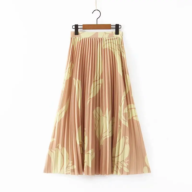 

High waist Women pleated long Skirt spring autumn long skirts femme A Line printed Simple S M L