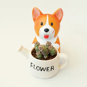 

Cute Dog Watering Can Shaped Flowerpot Resin Succulent Planter Decorative Flower Pot Desktop Mini Ornament (Corgi)