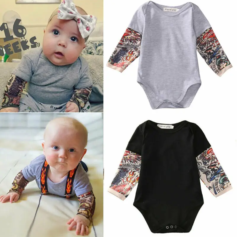 Autumn Infant Baby Boy Kid Tattoo Print Long Sleevess Patchwork Romper ...