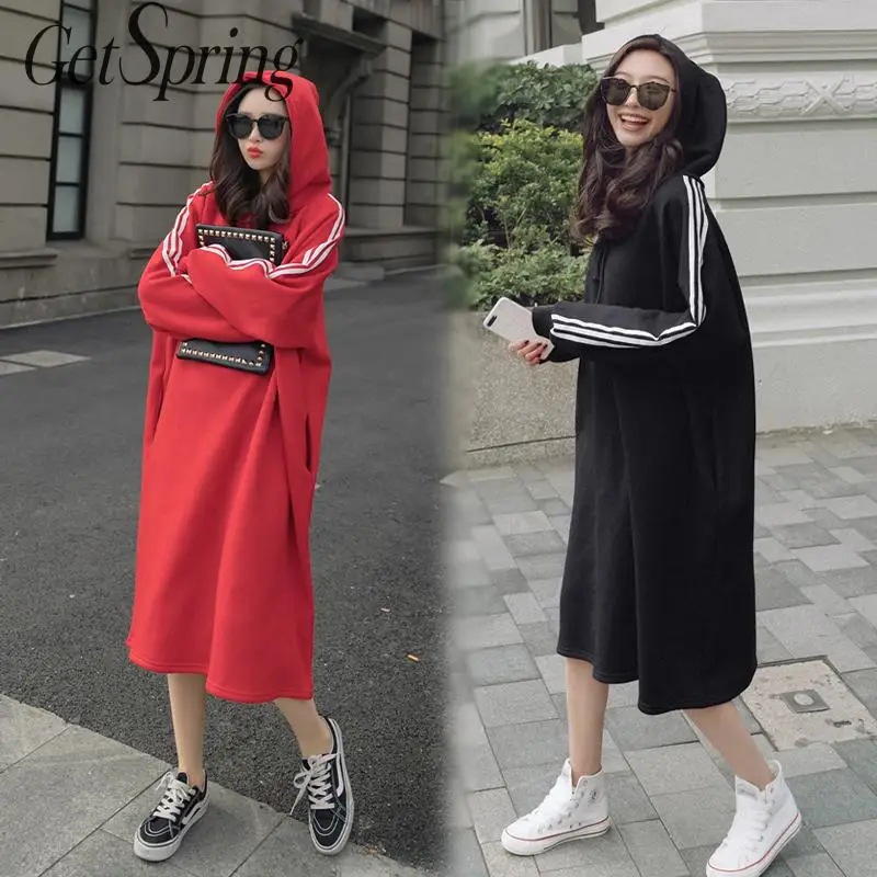 

GETSPRING Women Hoodies New Loose Sweatshirt Striped Oversized Hoodie Black Red Long Plus Size Sweatshirts Dresses Women 2019