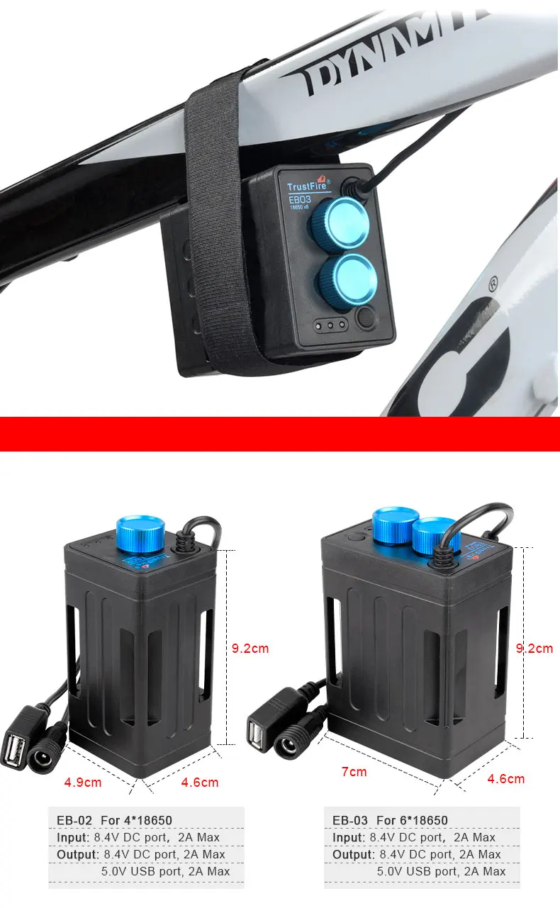 Trustfire Dual Voltage Output 8.4V 5V Bicycle Lamp Power Box for 2/4/6 18650/26650 Batteries W/ Strap Optional 100-240V Adaptor