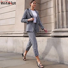 InstaHot/Клетчатый костюм, комплект из двух предметов, пиджак на одной пуговице, модный офисный элегантный осенний повседневный костюм г