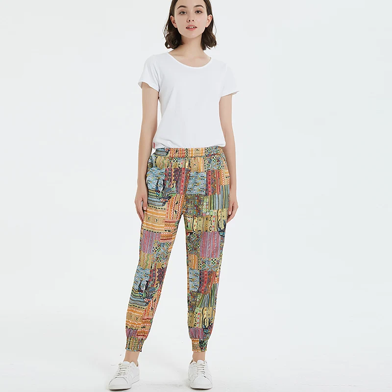 

2019 New Women Harem Pants High Waist Spring/Summer 12 Colors Bohemian Chiffon Elastic Waist Print Trousers with Pocket