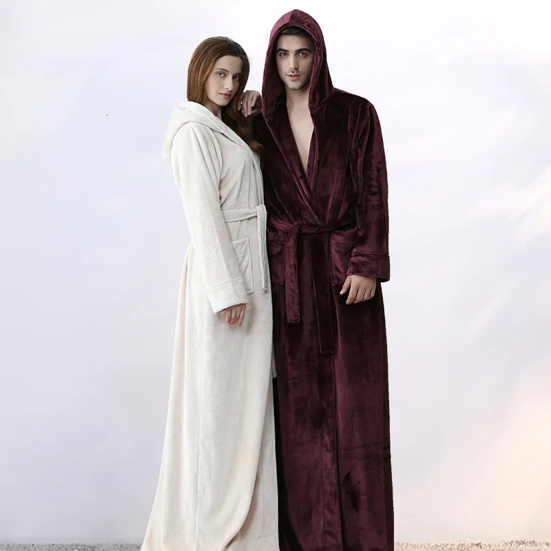 

Luxurious Flannel Bathrobe Hooded Robes Long Thicken Nightgown Autumn Winter Comfortable Pajamas Nightwear For Men Women Couple