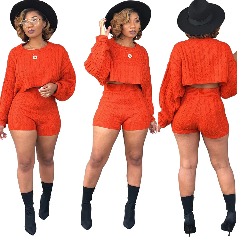 

Sensual women knitting wool long sleeve two pieces sets trench knitted autumn suits solid croptop hot shorts wool yarn sets