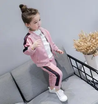 Спортивные костюмы для маленьких девочек 2-8 лет, осеннее Детское пальто на молнии с длинными рукавами+ штаны, комплект повседневной одежды из 2 предметов для девочек, детский спортивный костюм - Цвет: Розовый
