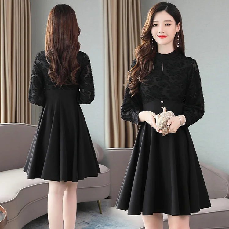 

2019 Autumn Clothing New Style Lace Joint Contrast Color High-waisted Base A- line Short Skirt Slimming Long Sleeve Ladies' Dres