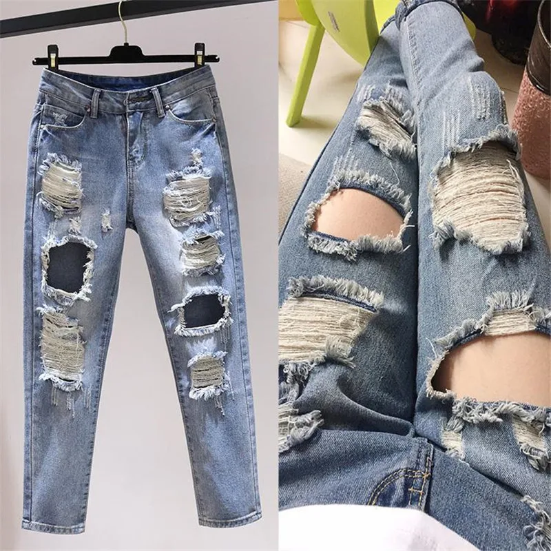 

Women's Jeans 2021 New High Waist Harem Pants Holes Female Washed Denim Pants Casual Trousers