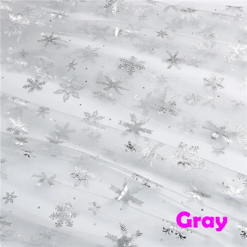 150cmx100cm Colorful Snowflake Soft Tulle Fabric Princess Dress Glitter Fabric New Year Organza Printed Bronzing Fabric Gray