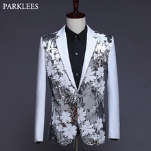 Мужские блейзеры с цветочным принтом и блестками, черный и белый цвет, мужской костюм, пиджак для свадебной вечеринки, Мужской Блейзер, танцевальный сценический костюм, 2XL