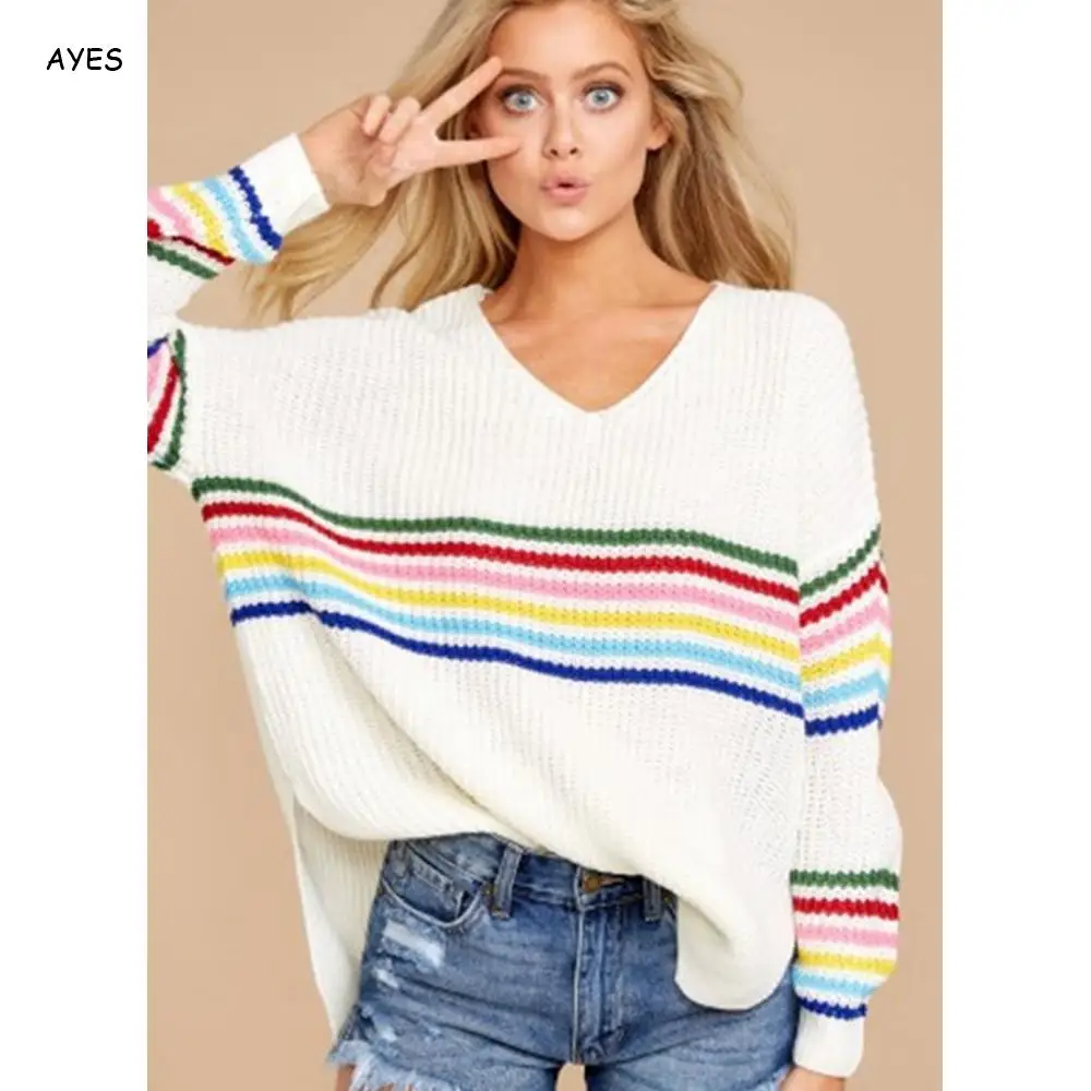 

2019 Autumn Sweater Pullover Fashion Knitted Women V Neck Loose Streeetwear Rainbow Striped Knitwear Pullover Sweaters Jumper