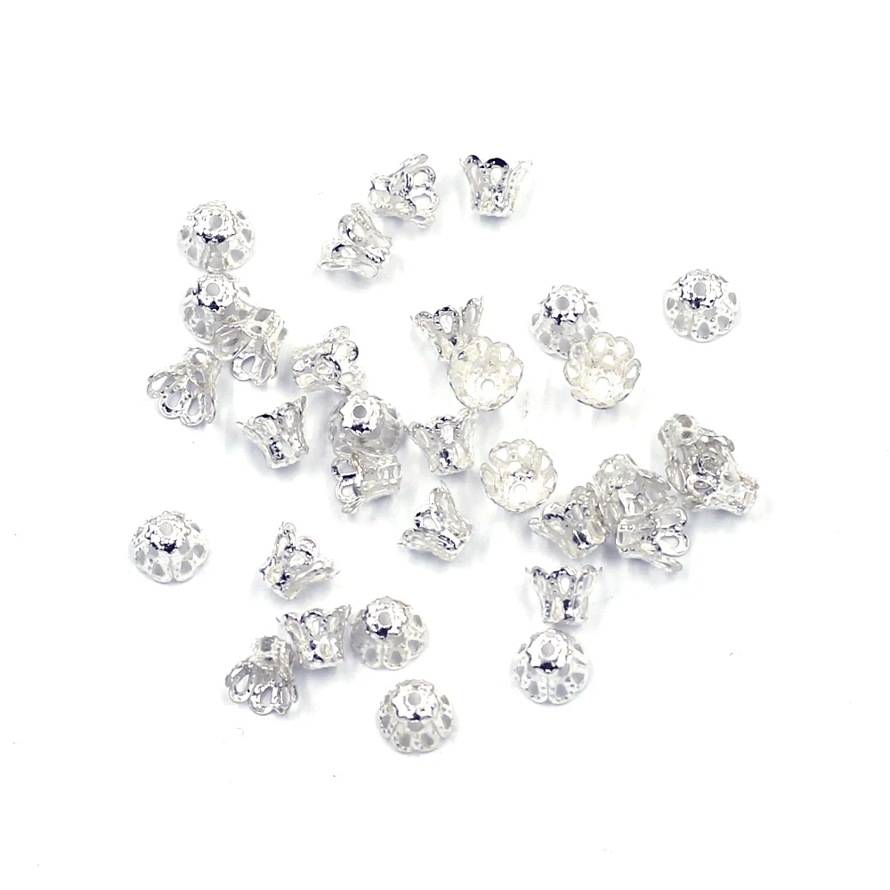 

100Pcs End Beads Cap Flowers Hollow Alloy Silver Plated Jewelry DIY Making Findings 6x5mm