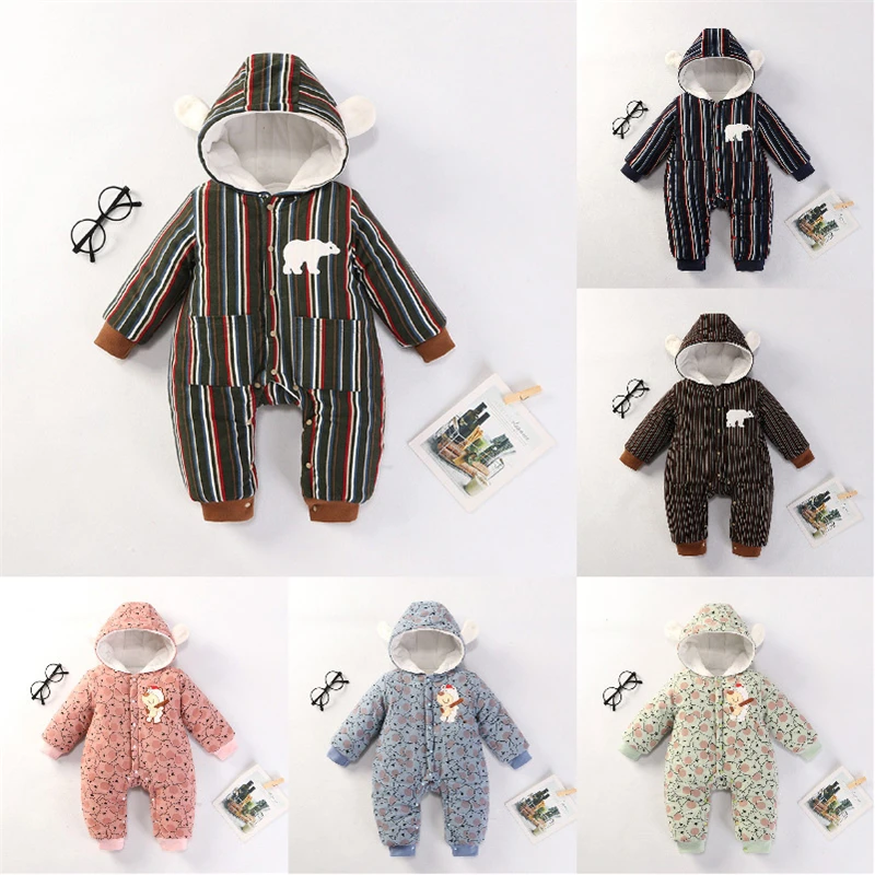 

New Baby Winter Romper Kids Boys Romper Newborn Baby Jumpsuit Warm Infant Girls Clothes Striped Overalls Bear ear hat