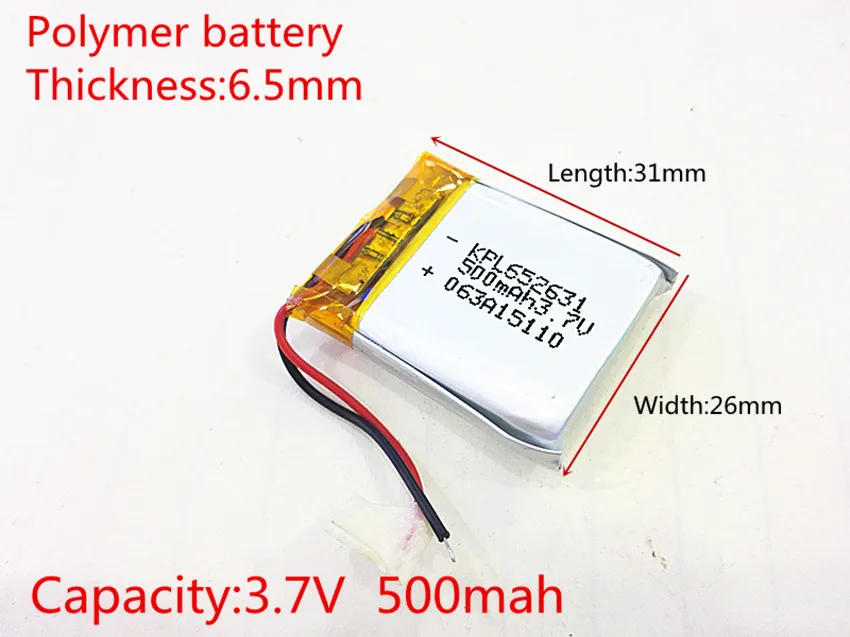 3.7V,500mAH 652631 (polymer lithium ion / Li-ion battery ) for Smart watch,GPS,mp3,mp4,cell phone,speaker