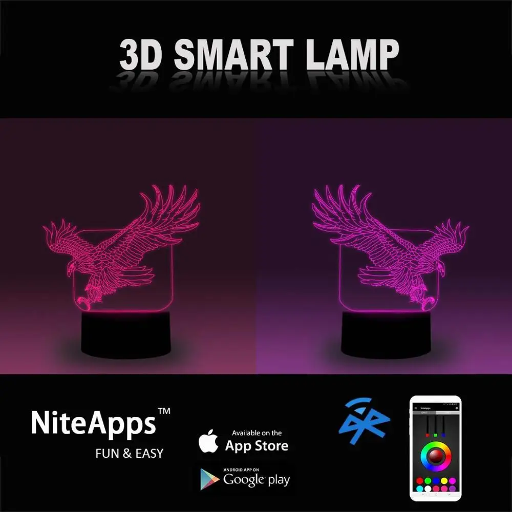 NiteApps 3D Летающий орел ночник настольная Иллюзия украшение лампа подарок на день рождения приложение/сенсорный контроль