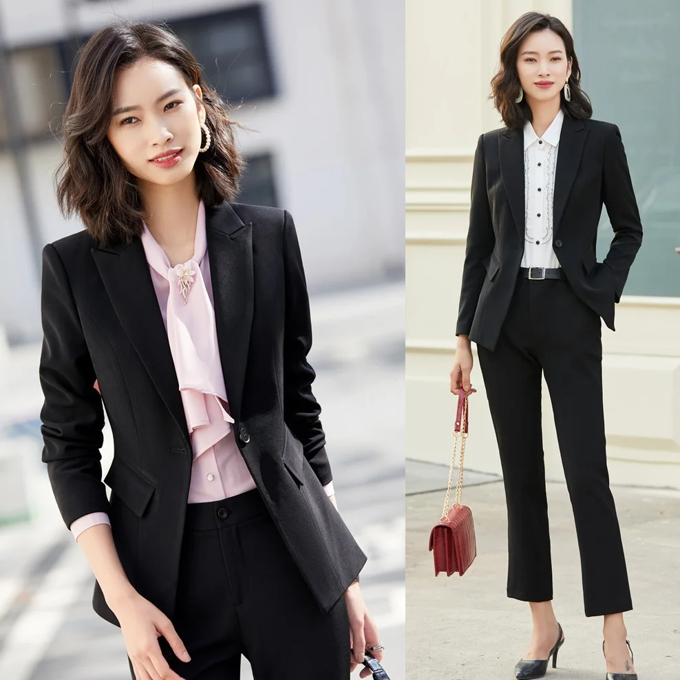 Formal Women Business Suits Black Blazer Ladies Pant And Jacket Sets