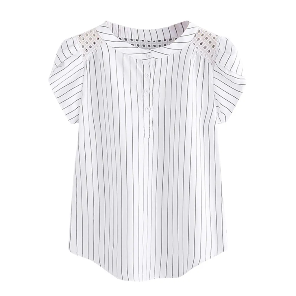 Fashion Blouses Striped Print Shirt Tops Hollow Out Short Butterfly Sleeve Blouse Top Solid Summer Casual Women Shirts Tunic 3