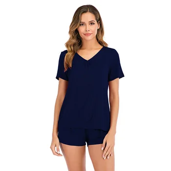 

Women Pajama Set Short Soild Color Short Sleeve Top + Shorts Modal Sleepwear Soft Homewear Nightwear Female Pj Loungewear Suits