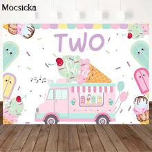 

Mocsicka Cartoon Ice Cream Cart Baby 2nd Birthday Backdrop Decor Two Sweet Birthday Party Photo Background for Photography Props