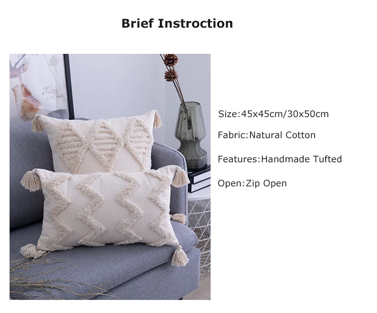 Simple Tufted Cushion Cover Geometric Rhombus Wave Big Tassel Pillowcase Hand-tufted and Crocheted Decorative Sofa Pillow Cover