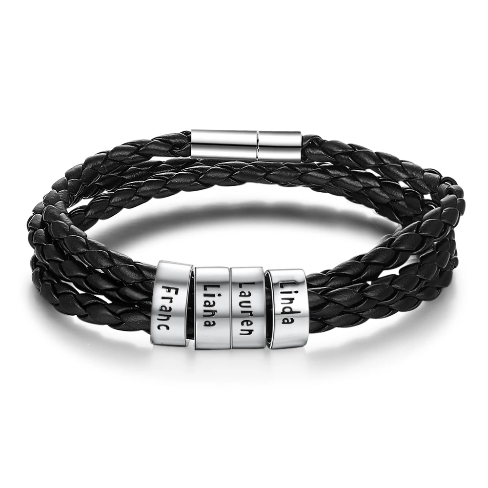 Billige Personalisierte Geflochtene Leder Armbänder für Männer mit Edelstahl Perlen Benutzerdefinierte Familie Name ID Armband Armband Geschenke für Ihn