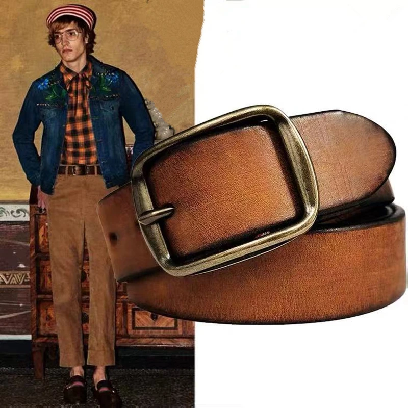 Belt men's leather pure first layer cowhide copper buckle American retro wild hand-made old pin buckle tide jeans Belt Casual