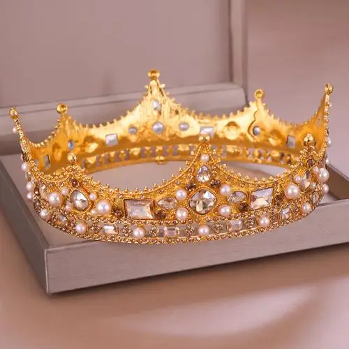 Golden Винтажные стразы, искусственный жемчуг, Королевская корона, повязка на голову, свадебные головные уборы для невесты, головной убор, украшение для волос, аксессуар, рождественский подарок - Цвет: Golden