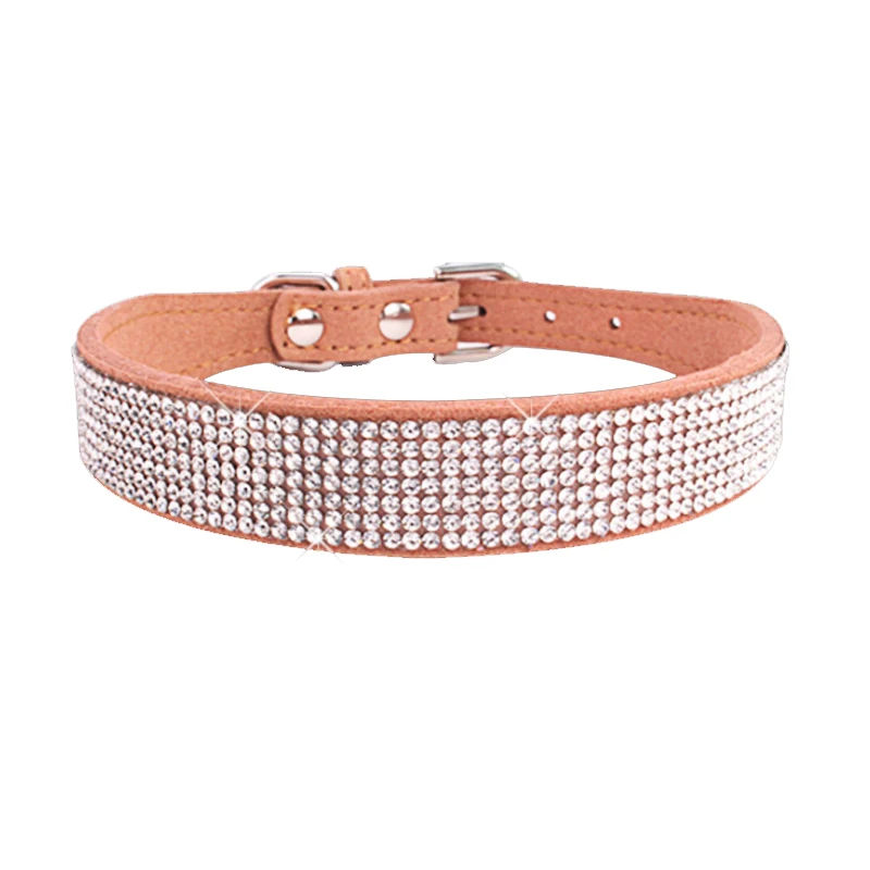 Comfortable Suede Fiber Crystal Dog Collar Glitter Rhinestone Dog Collars Zinc Alloy Buckle Collar for Small Dogs Cats XS/S/M/L 