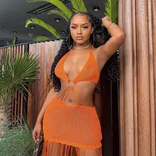 

2021 Summer Boho Beach Sexy Two Pieces Sets Women's Knit Sleeveless Crop Tops Tassel Skirts Backless Suits Party Outfits