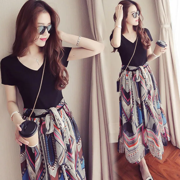 

2018 New Style-Floral Printed V-neck High-waisted Beach Skirt Sexy Slimming Phuket Mock Two-Piece Skirt Fashion