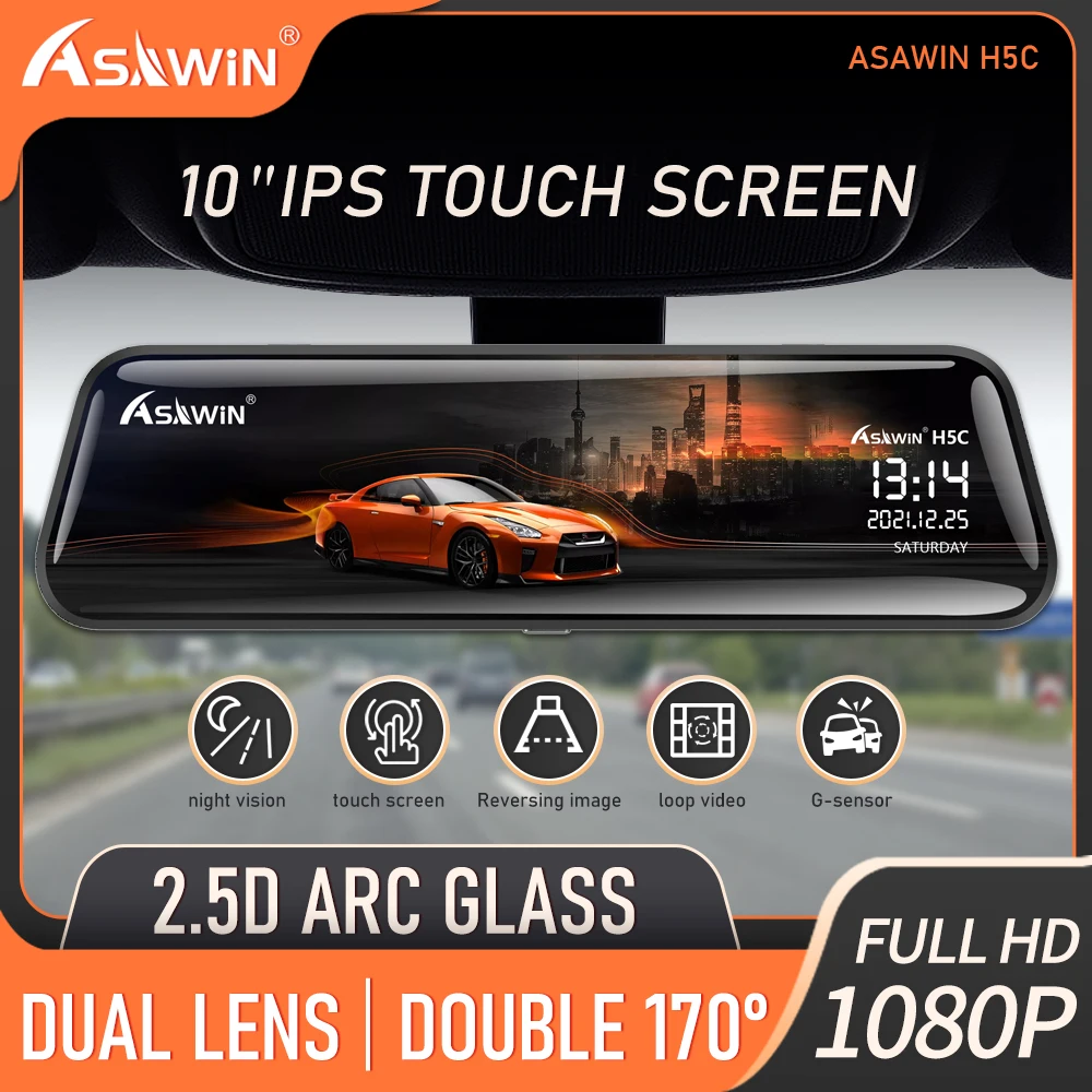 Зеркало-видеорегистратор Asawin H5C 1080P 10 дюймов с двумя объективами | Автомобили и