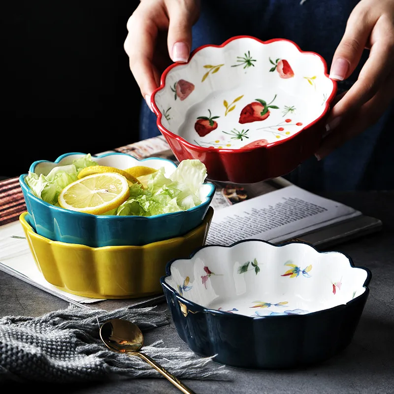 Nordic Simple Hand Painted Ceramic Salad Cake Bowl Colorful Porcelain Soup Fruit Lace Rice Dessert Snack Tableware | Дом и сад