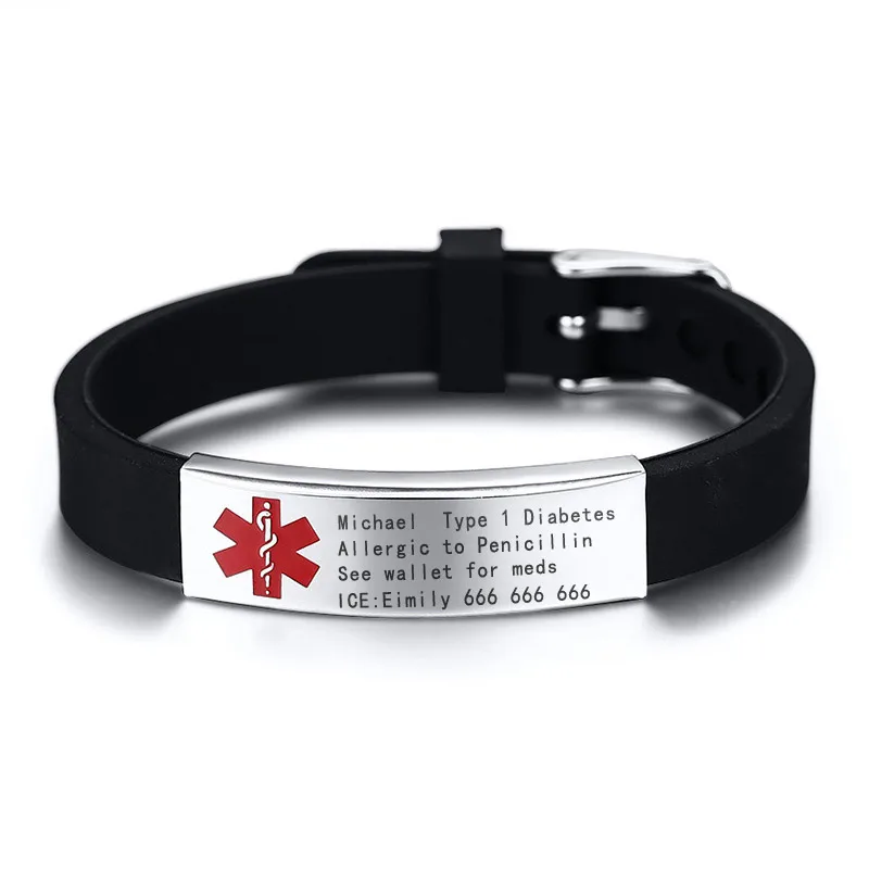 Free Engraving Medical Alert ID Bracelet DIABETES BLOOD ALLERGY ALZHEIMER'S leather bracelet stainless steel bracelet fashion bracelet silicone bracelet tyvek bracelet