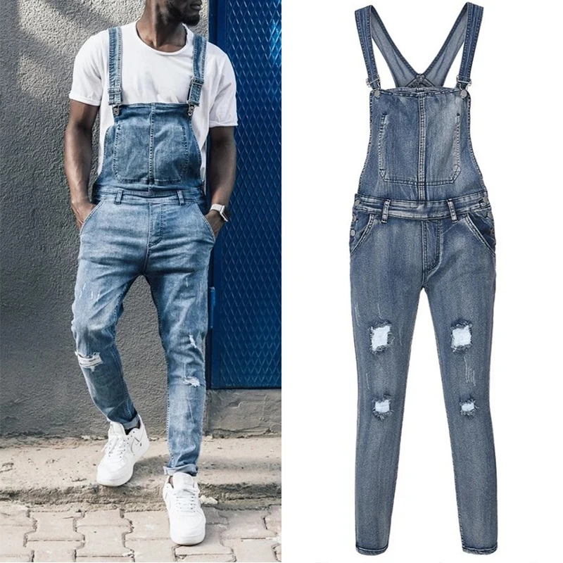 Flash Sale Aolamegs Biker Jeans Men Hole Overalls Men Casual Denim Baggy Cargo Trousers Hip Hop Jumpsuit Bib Pants For Men Fashion Rompers