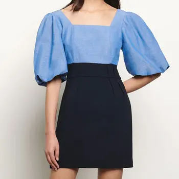 

Women Dresses 2020 Spring and Summer New Style Square Collar Lantern Sleeve Color Matching Dress Women